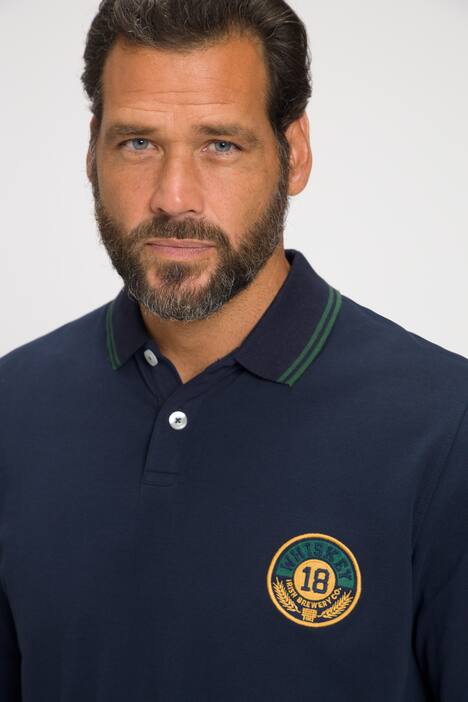 poloshirt, denim, lange mouwen, piqué, wiskey patch