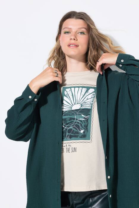Mousseline blouse, oversized, overhemdkraag, lange mouwen