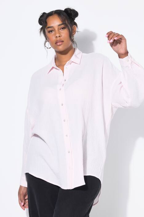 Mousseline blouse, oversized, overhemdkraag, lange mouwen
