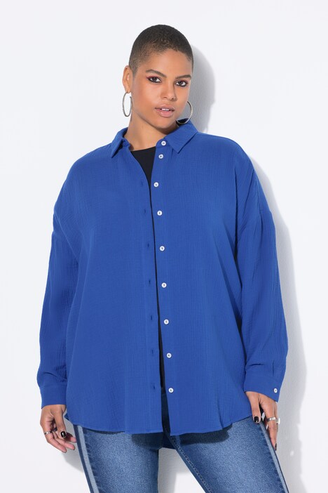 Musselin Bluse, oversized, Hemdkragen, Langarm