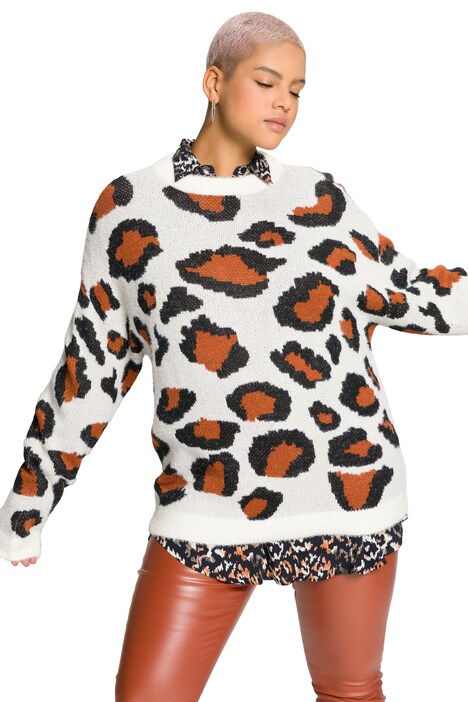 Svetr, oversize, barevný leopardí vzor, kulatý výstřih, dlouhé rukávy