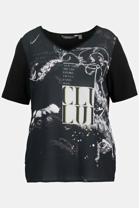 Mixed Fabric Retro Print V-Neck Top
