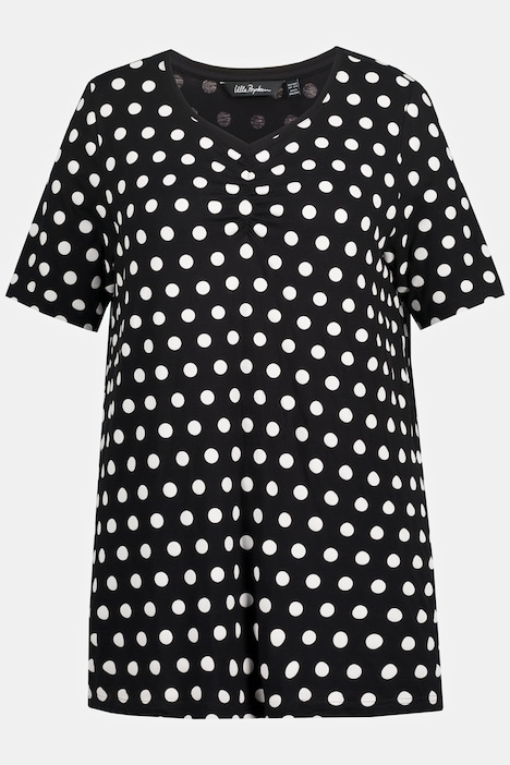 T-shirt, pois, fronces, col en forme de cœur, manches mi-longues