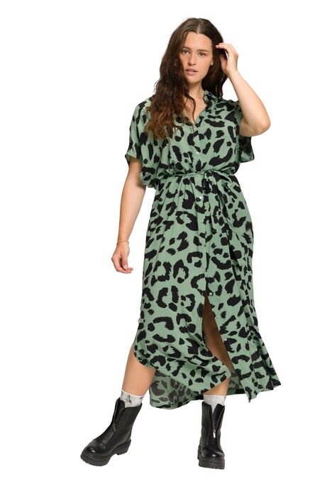 Leopardí maxi šaty, oversize, límeček, vázací pásek, dlouhé rukávy