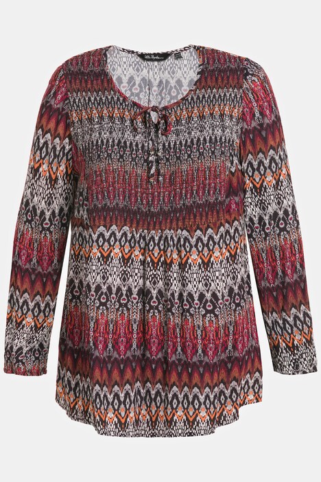Ethnic Print Smocked Bodice Tie Neck Crepe Blouse