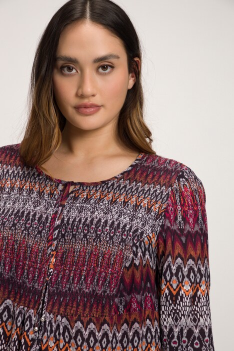 Ethnic Print Smocked Bodice Tie Neck Crepe Blouse