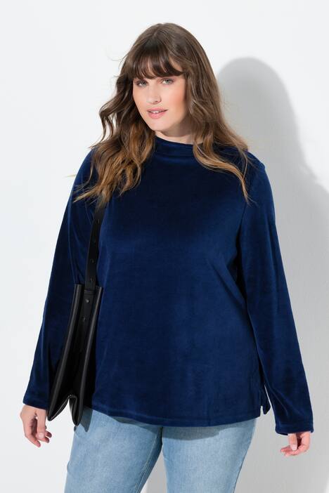 Samt-Sweatshirt, A-Linie, Stehkragen, Langarm