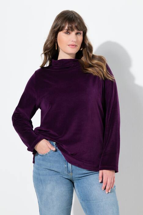 Sweat-shirt en velours à col montant et manches longues, coupe évasée