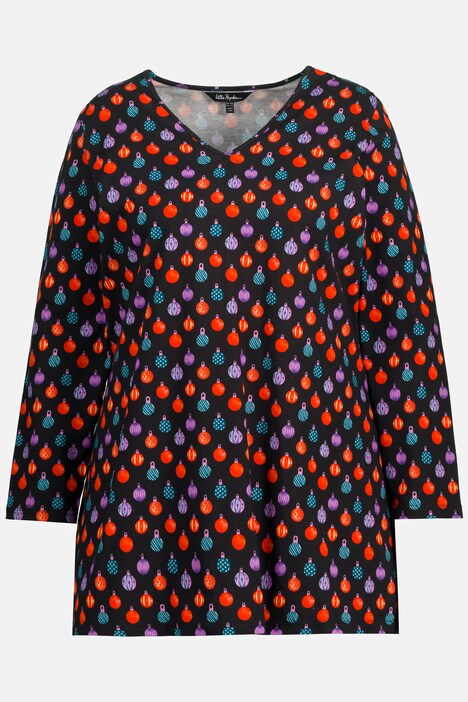 Maglia lunga con design natalizio, scollo a V e maniche lunghe