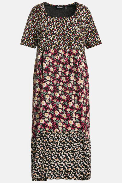 Robe midi, fleurs, forme trapèze, col rond, manches courtes