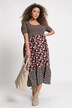 Robe midi, fleurs, forme trapèze, col rond, manches courtes
