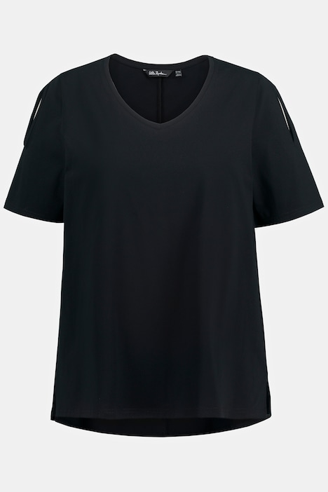 T-shirt, silhouette trapèze, col en V, manches mi-longues avec découpes