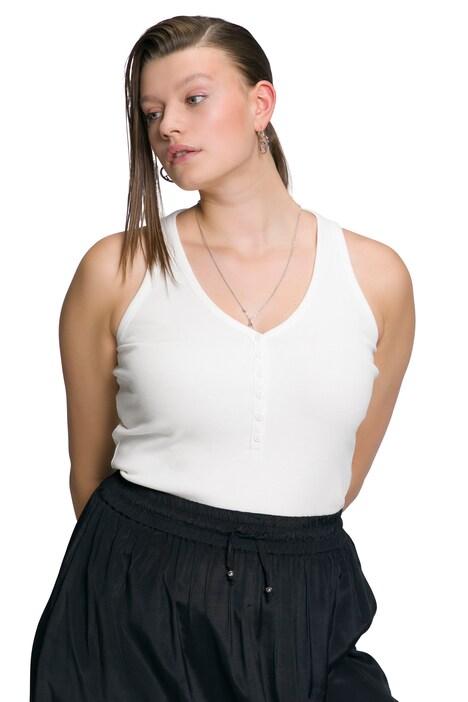 Top, Slim střih, žebrovaný žerzej, výstřih do V, knoflíková léga