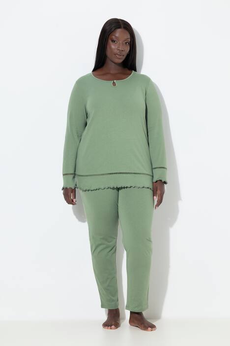 Pyjama, holle zoom, golvende randen, ronde hals, lange mouwen
