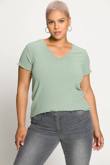 T-shirt, coupe slim, jersey bord-côte, col V, manches courtes