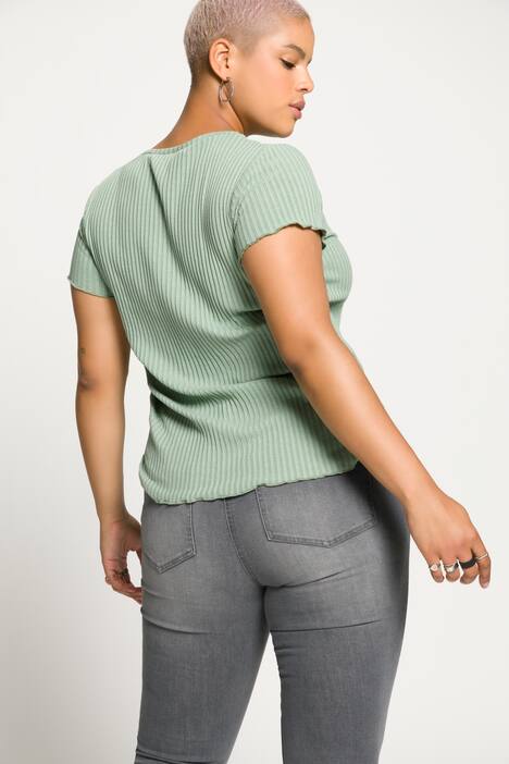 T-shirt, coupe slim, jersey bord-côte, col V, manches courtes