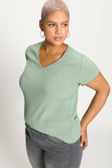T-shirt, coupe slim, jersey bord-côte, col V, manches courtes
