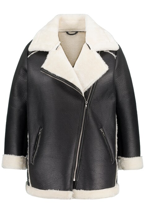 Motorkářská bunda, Shearling vzhled, umělá kožešina, klopový límec, zip