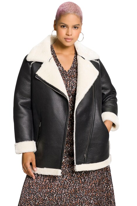 Motorkářská bunda, Shearling vzhled, umělá kožešina, klopový límec, zip