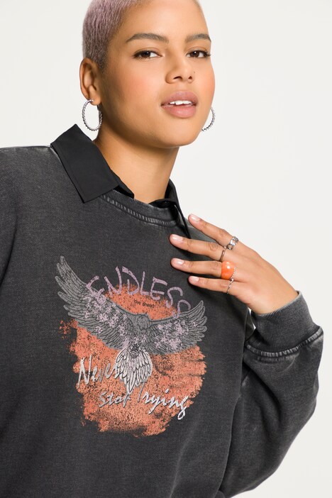 Sweat, oversize, acid washed, imprimé, encolure ronde, manches longues