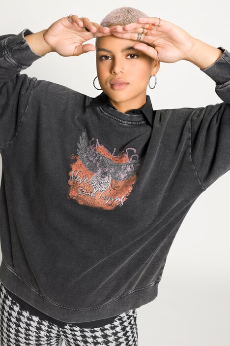 Sweat, oversize, acid washed, imprimé, encolure ronde, manches longues
