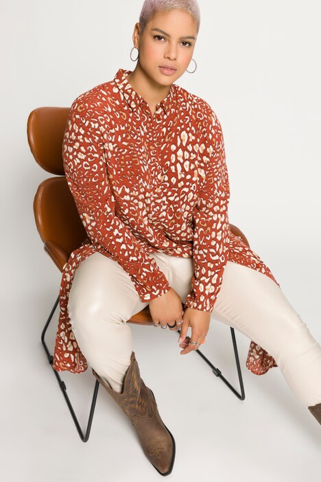 Longbluse, Hemdkragen, Langarm, Seitenschlitze, Leo Print