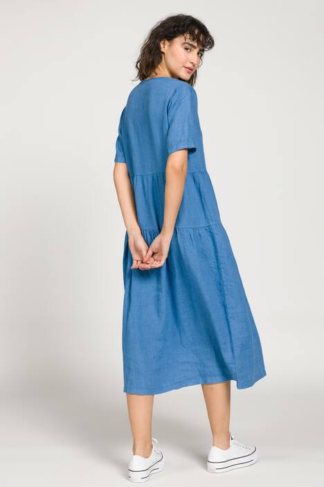 Kleid, Leinen, Rundhals, Halbarm, Volants
