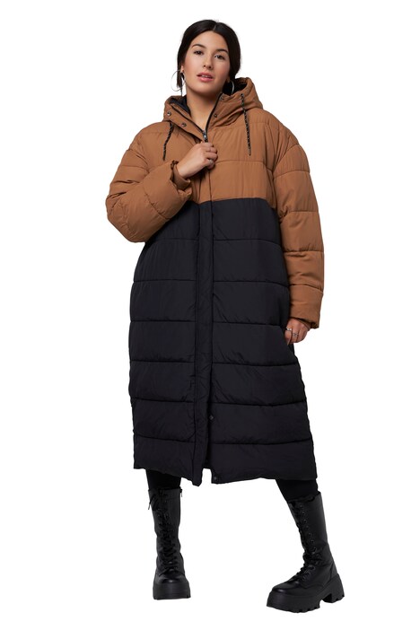 Prošívaný kabát, oversize, dvoubarevný, kapuce, zip
