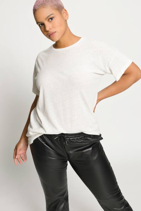 Camiseta, larga, oversize, mezcla de lino, cuello redondo, manga al codo