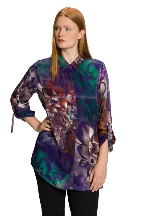 Saténová halenka, květovaný design, límeček, dlouhé rukávy
