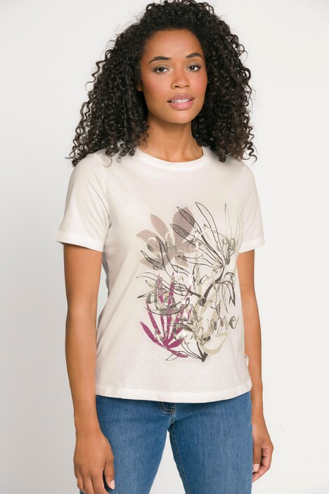 T-Shirt, Basic Fit, Statement, Blüten Motiv, Rundhals, Halbarm
