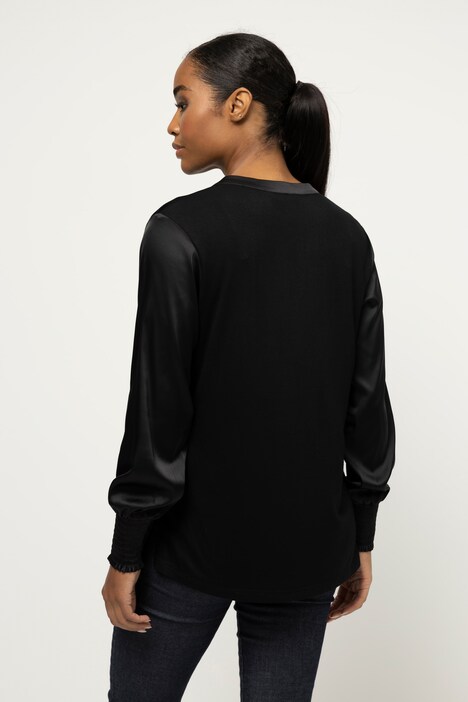 Bluse, Satin, Tunika-Ausschnitt, Jersey-Rücken, Langarm