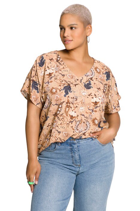 Halenkové tričko, výstřih do V, krátké rukávy, oversize, Paisley potisk