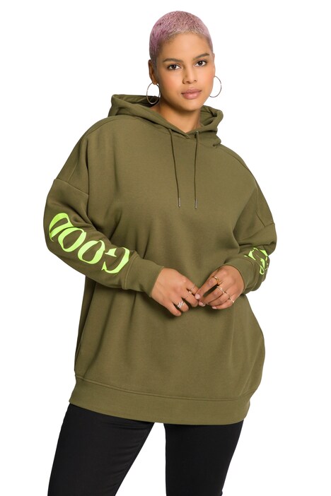 Mikina s kapucí, oversize, neonový nápis na rukávech, kapuce