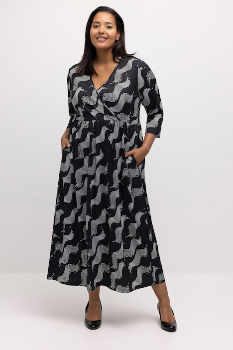 Midi-jurk, stippen, wikkellook, V-hals, 3/4-mouwen