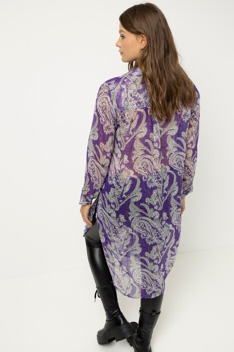 Lang bluse, chiffon, paisleytrykk, skjortekrage, lange ermer