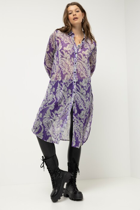 Lang bluse, chiffon, paisleytrykk, skjortekrage, lange ermer