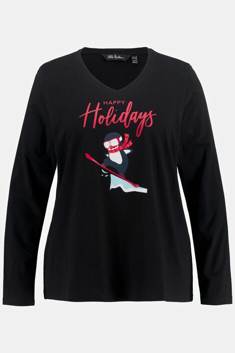 T-shirt, pingouin skieur, Classic, col V, manches longues