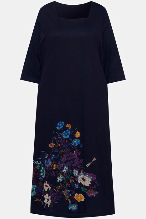 Vestido midi, estampado con cenefa, escote cuadrado, manga 3/4