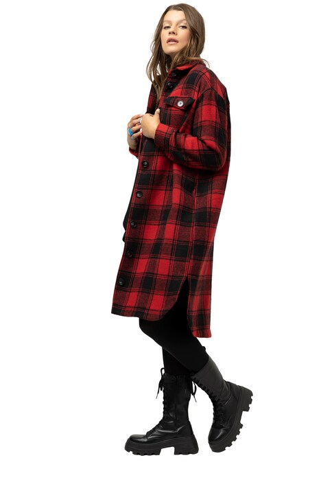 Košilová bunda, oversize, dlouhý střih, kostkovaný vzor, knoflíková léga