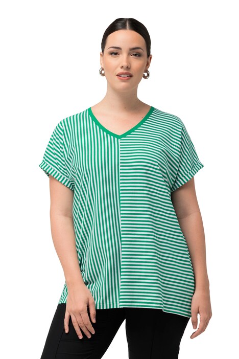 Tričko, pruhy, oversize, výstřih do V, krátké rukávy