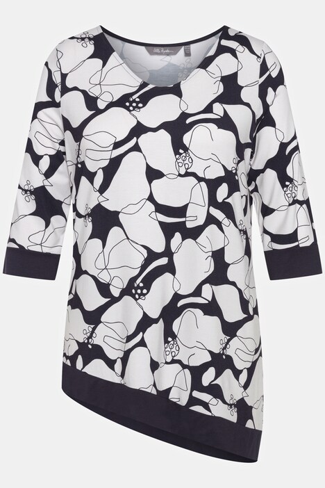 Camisa, motivo floral, dobladillo extremo, cuello en V, manga 3/4