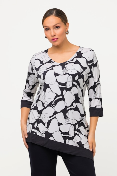 Camisa, motivo floral, dobladillo extremo, cuello en V, manga 3/4
