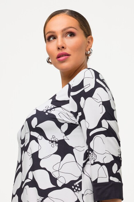 Camisa, motivo floral, dobladillo extremo, cuello en V, manga 3/4