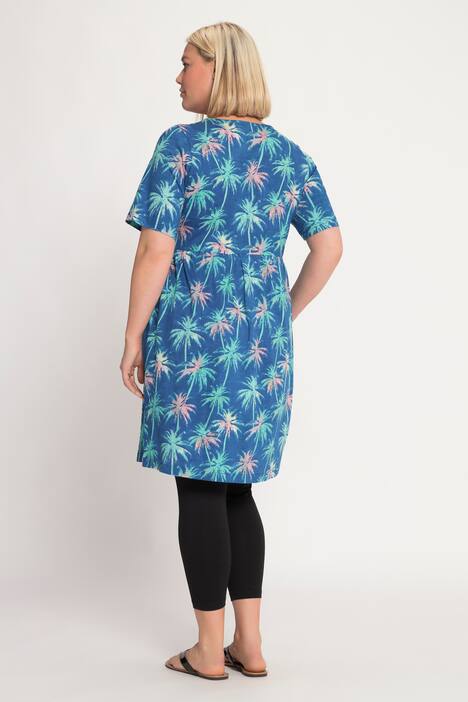 T-shirt long, imprimé palmiers, col carré, manches mi-hauteur