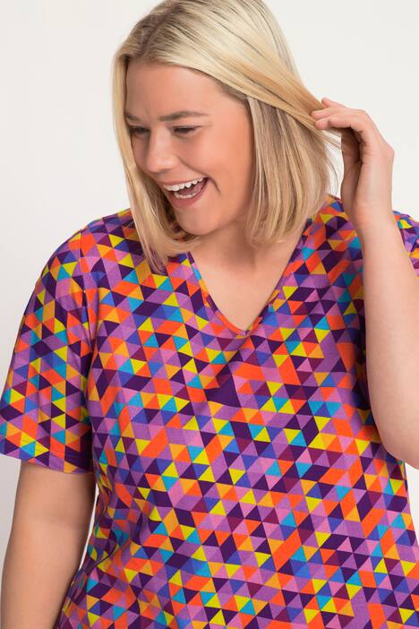 Longshirt, modischer Druck, Tasche, V-Ausschnitt, Halbarm