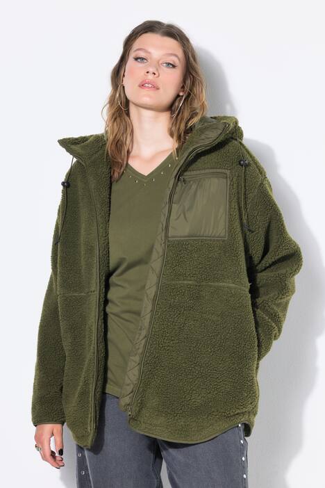 Teddyfleece-jakke, oversized, hette, lange ermer