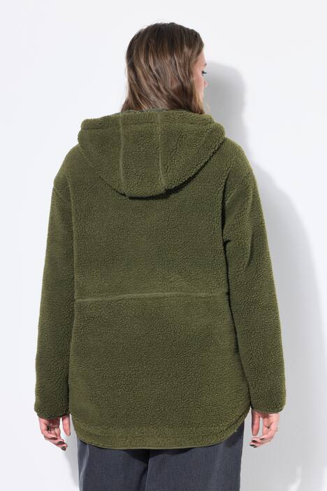 Teddyfleece-jakke, oversized, hette, lange ermer