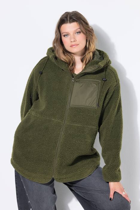 Teddyfleece-jakke, oversized, hette, lange ermer