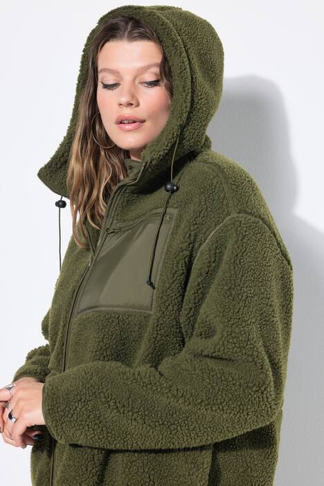Teddyfleece-jakke, oversized, hette, lange ermer